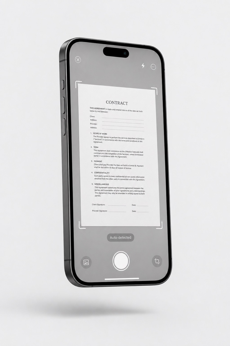 DocuVault scanning a contract on a smartphone