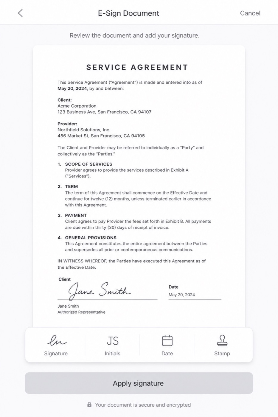 Adding an e-signature to a contract